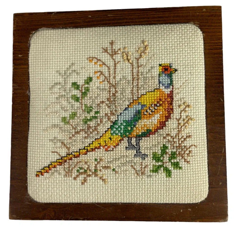 Vintage Needlepoint Pheasant Square Wooden Flip-top Treasure Keepsake Hinged Box